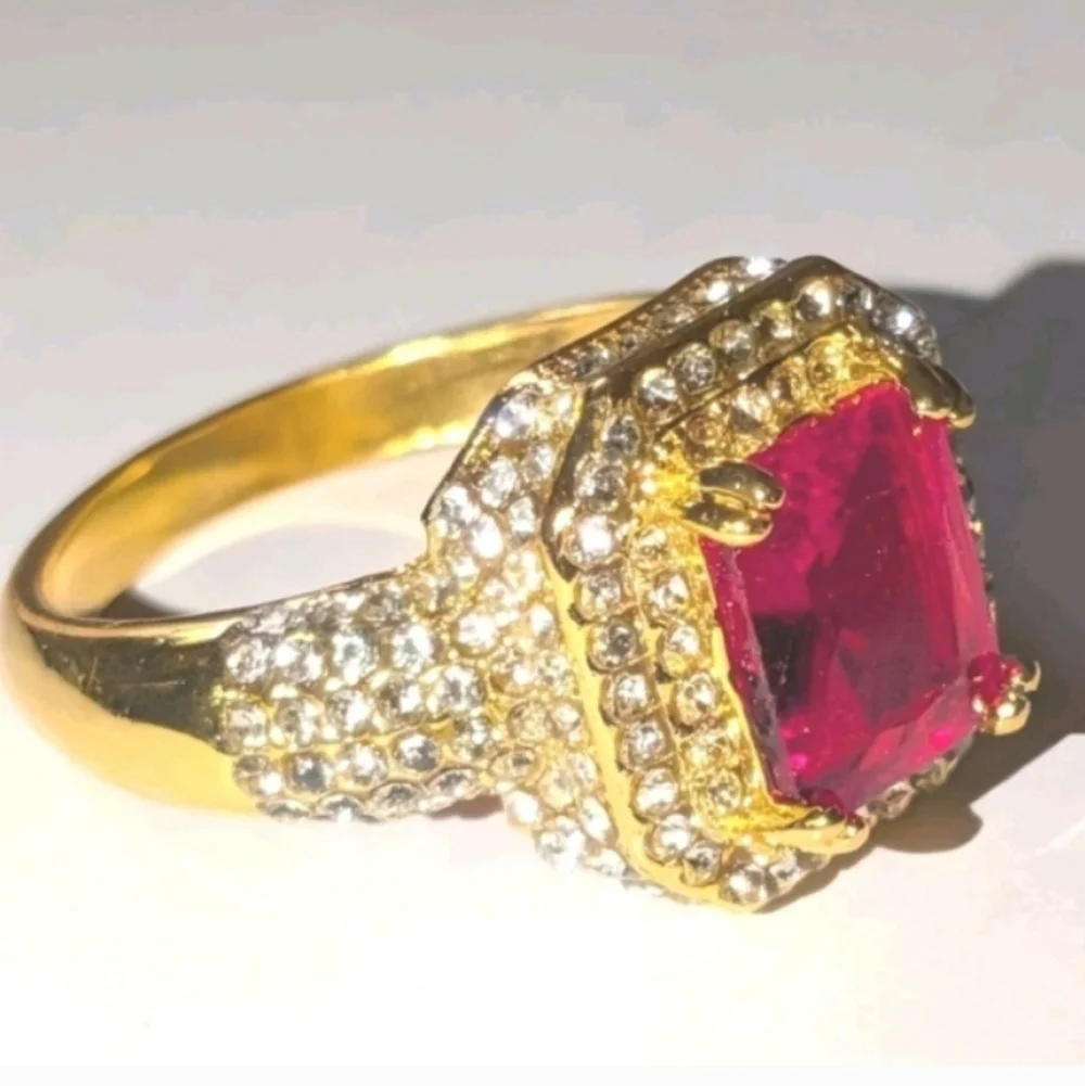 4ct Radiant Cut Lab Created Ruby For Male Or Female 18k Gold Plated Ring  Sz12